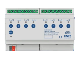 MDT Switching Actuator, 8-fold, 8HP, DIN rail, 16 A, 230 V AC, C-load with current measurement, 140 µF – AMS-0816.03