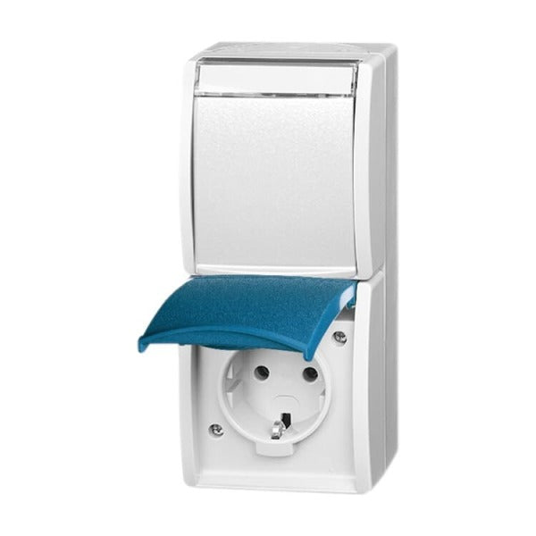 SCHUKO Double socket vertical with hinged cover, labeling field, gray/blue-green -ocean – 2CKA002084A0702