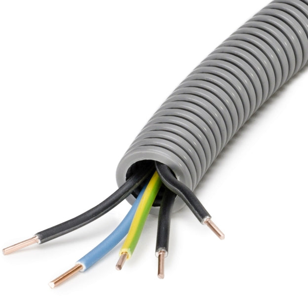 PVC flexible conduit, Ø25mm, bendable, turbo grooved, pre-wired, YE 5x2.5mm² 3xsw,bl,ye/gn – 65046