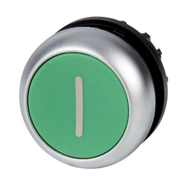 Pushbutton, RMQ-Titan, flat, latching, green, legend, front ring titanium – 216630