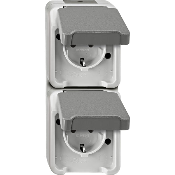 MERTEN SCHUKO-Doppel-Steckdose, senkrecht angeo rdnet, lichtgrau, AQUASTAR – MEG2329-8029