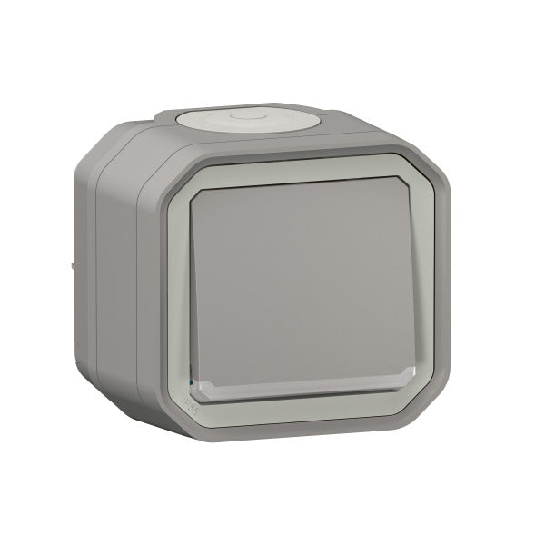 Plexo New FRAP Two-Way Switch with Indicator Light 10 AX, Screwless Terminals, IP 55, IK 08, Grey – 069712L