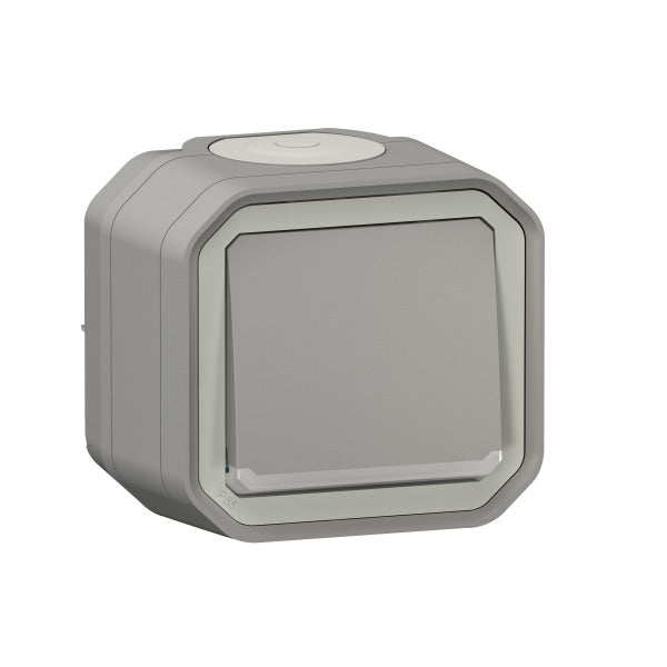 LEGRAND FR AP Taster beleuchtet 10 A, Steckklemm en (SL), IP 55, IK 08, Grau – 069722L
