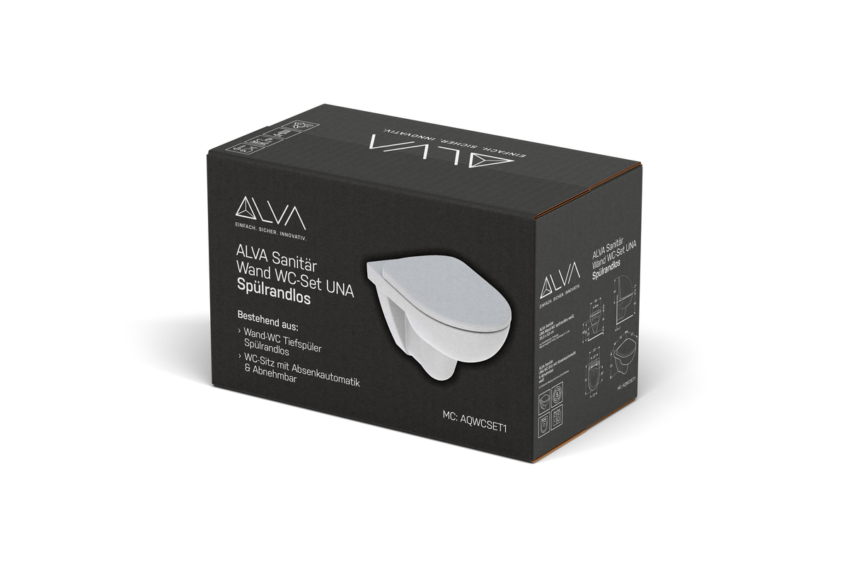 Alva Una Wand-WC-Set Tiefspüler spülrandlos, WC-Sitz Absenka.+Abnehmb. - AQWCSET1