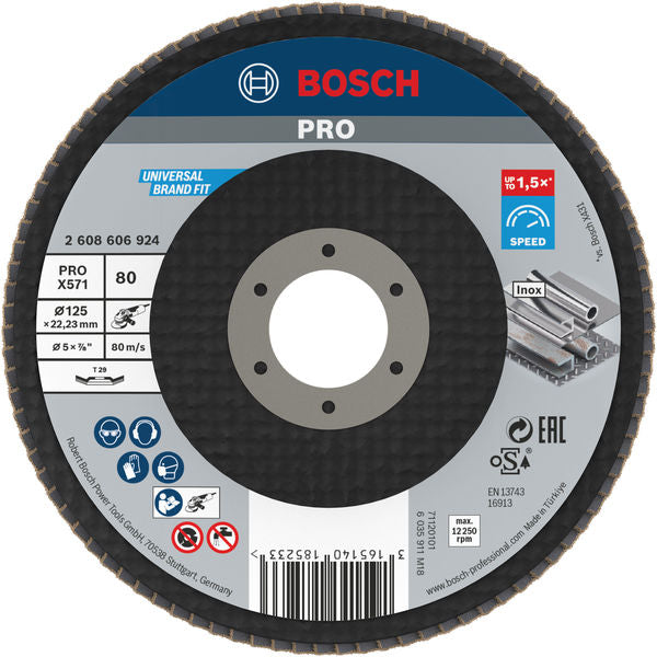BOSCH POWER TOOLS PRO X571 Fächerschleifscheibe, 125 mm, G 80, gewinkelt, Glaserfaser – 2 608 606 924