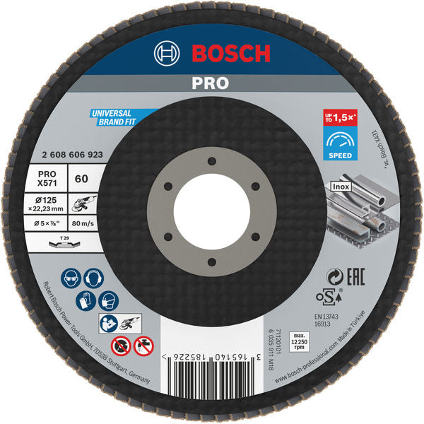 BOSCH POWER TOOLS PRO X571 Fächerschleifscheibe, 125 mm, G 60, gewinkelt, Glasfaser – 2 608 606 923