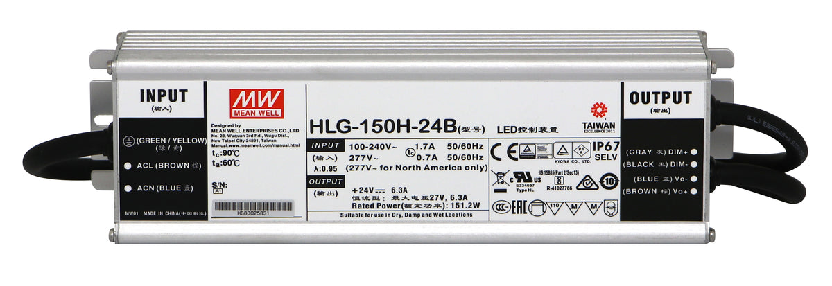 Meanwell LED Schaltnetzeil IP67 150W 24V/6,3A Konstantspannung-/strom einst.,dimm. – HLG-150H-24B