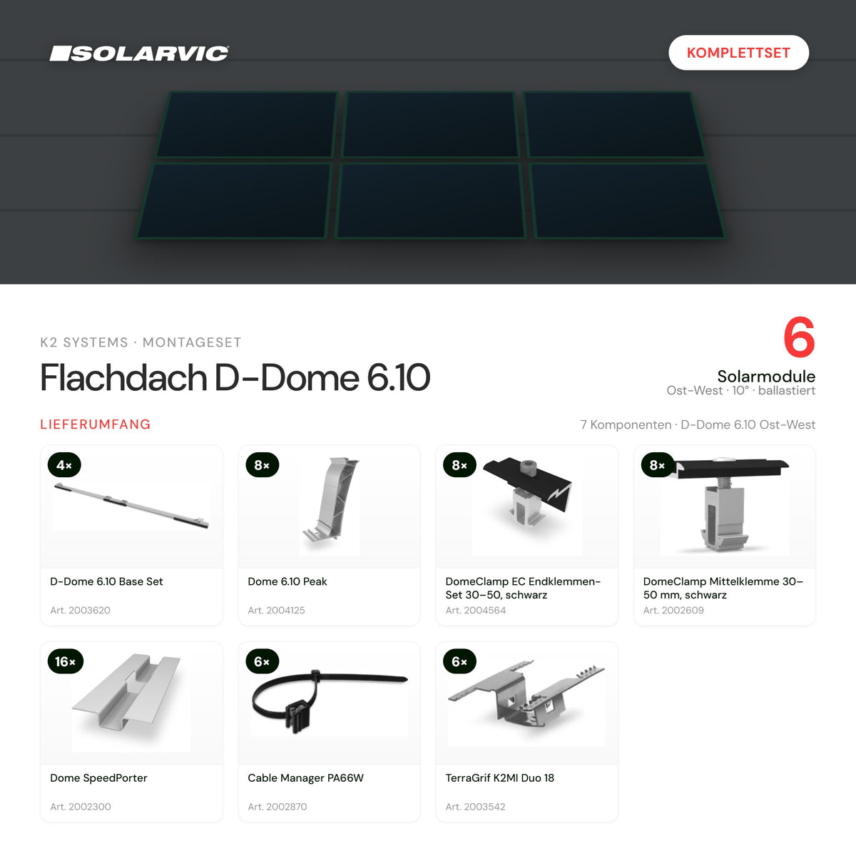 K2 Systems Montageset Flachdach D-Dome 6.10 für 6 Solarmodule