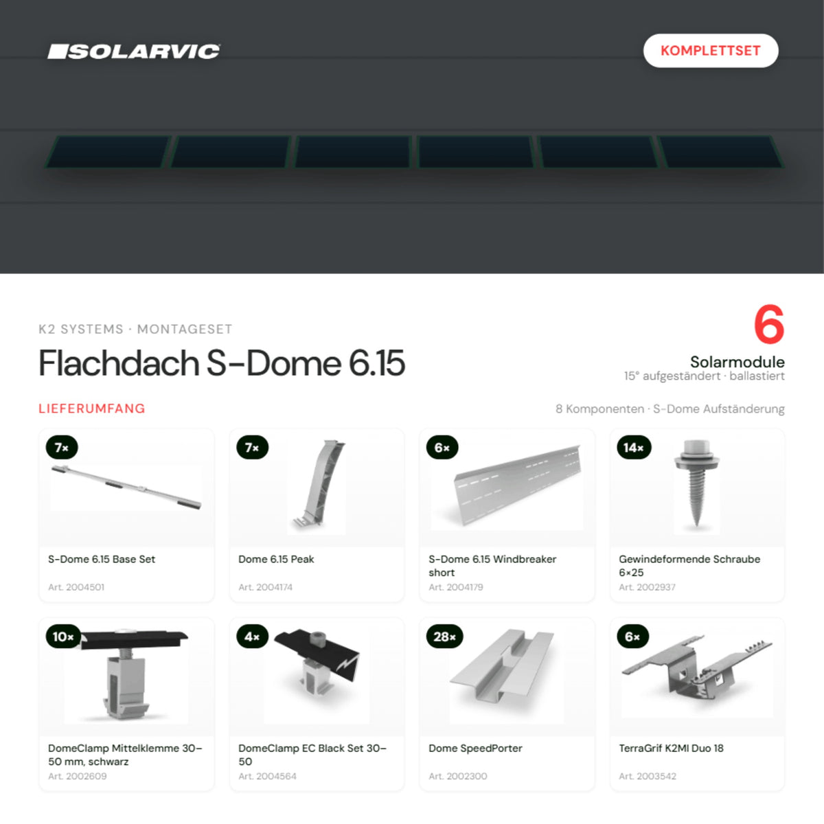 K2 SYSTEMS Montageset Flachdach S-Dome 6.15 – 6 Solarmodule: Lieferumfang Komplettset