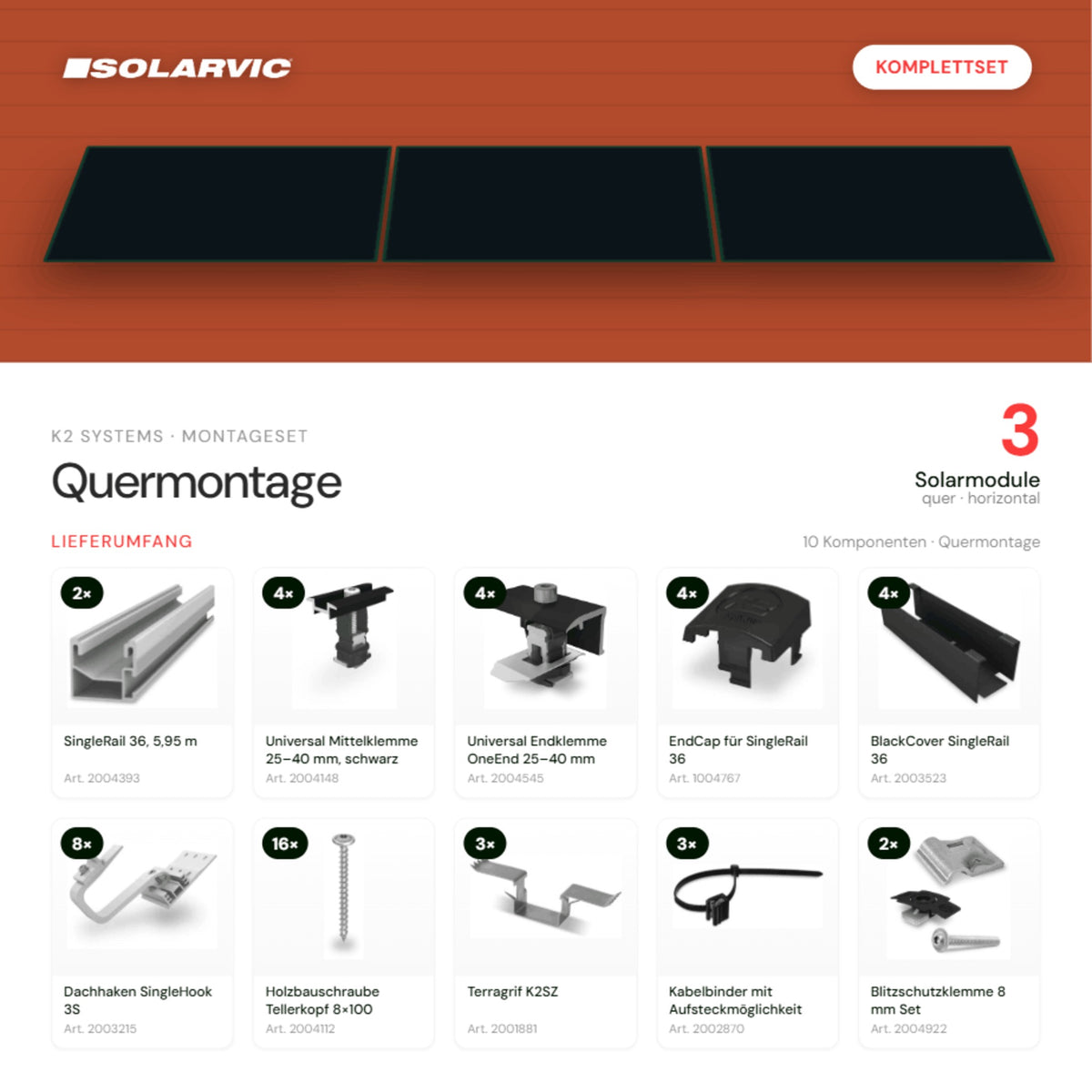 K2 SYSTEMS Montageset Schrägdach Quermontage – 3 Solarmodule: Lieferumfang Komplettset
