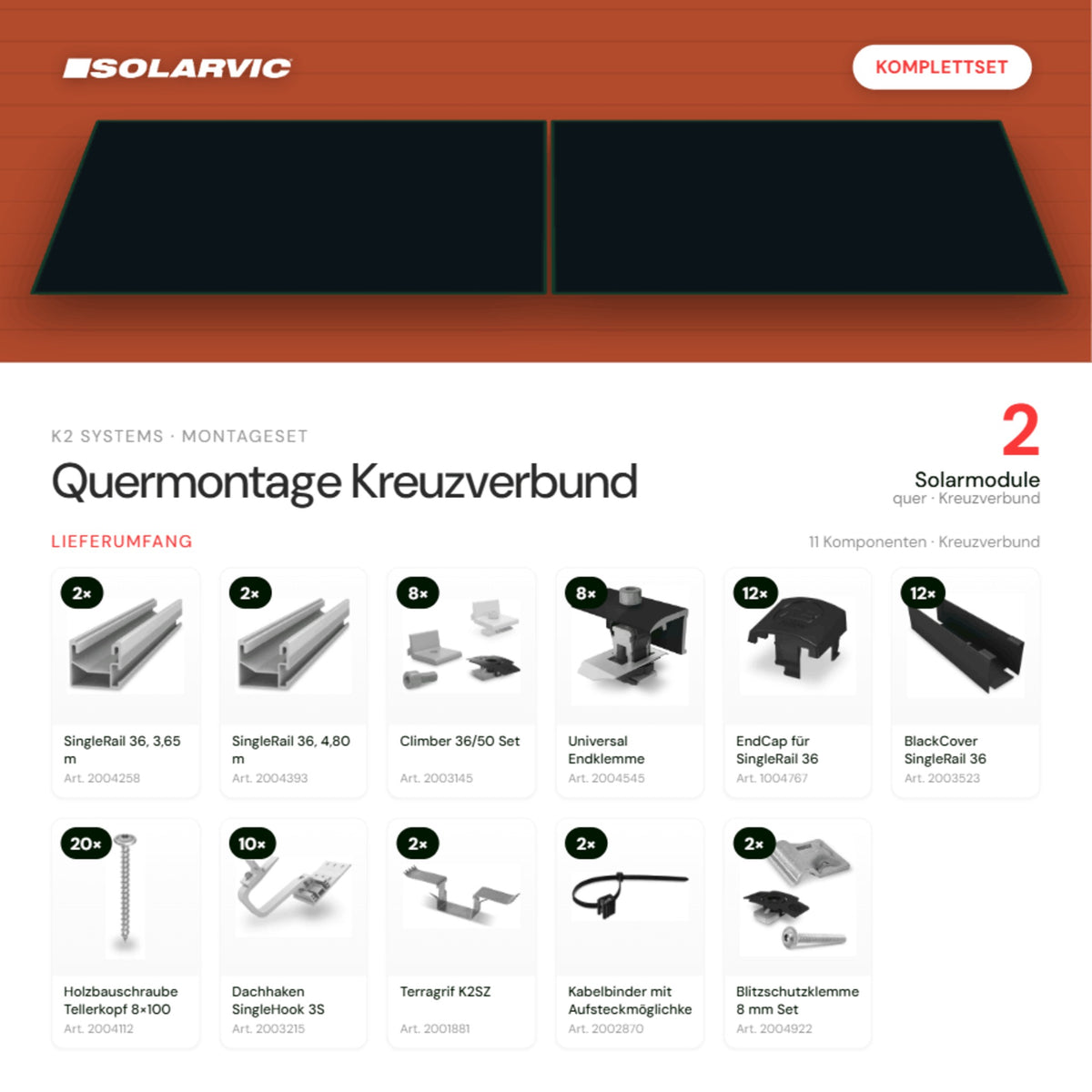 K2 SYSTEMS Montageset Schrägdach Quermontage Kreuzverbund – 2 Solarmodule: Lieferumfang Komplettset