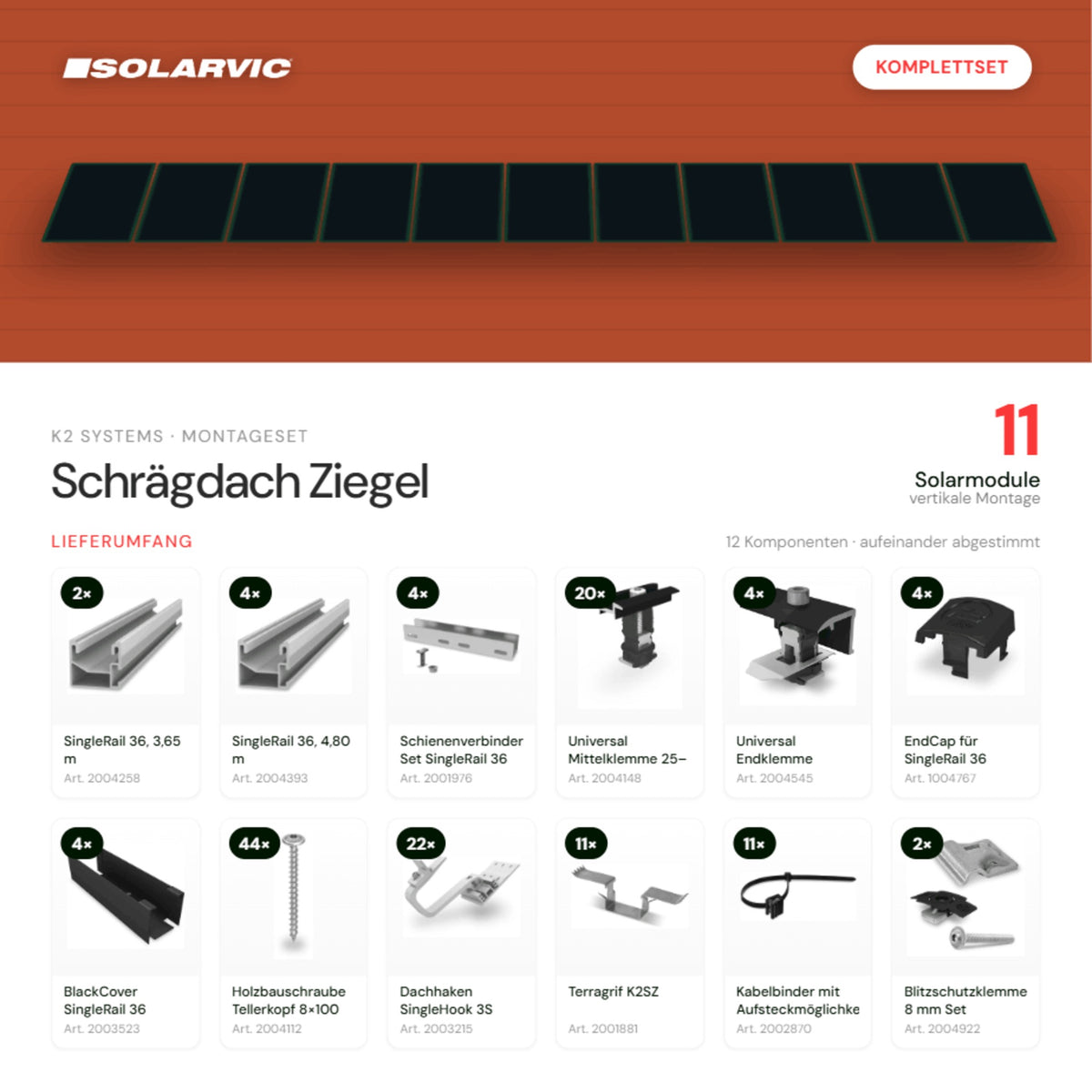 K2 SYSTEMS Montageset Schrägdach Ziegel – 11 Solarmodule: Lieferumfang Komplettset