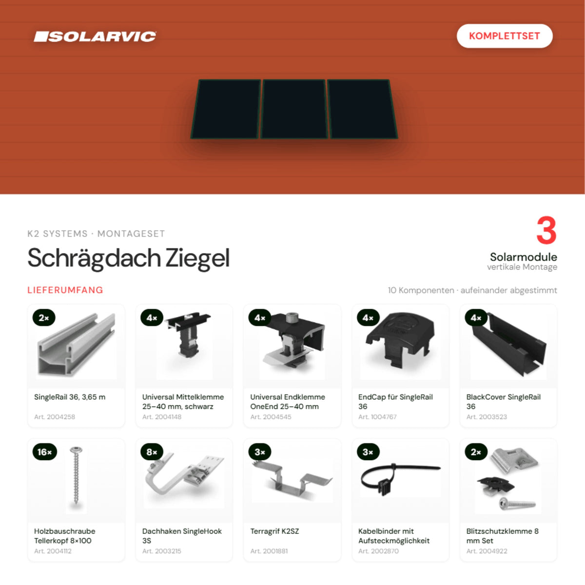 K2 SYSTEMS Montageset Schrägdach Ziegel – 3 Solarmodule: Lieferumfang Komplettset