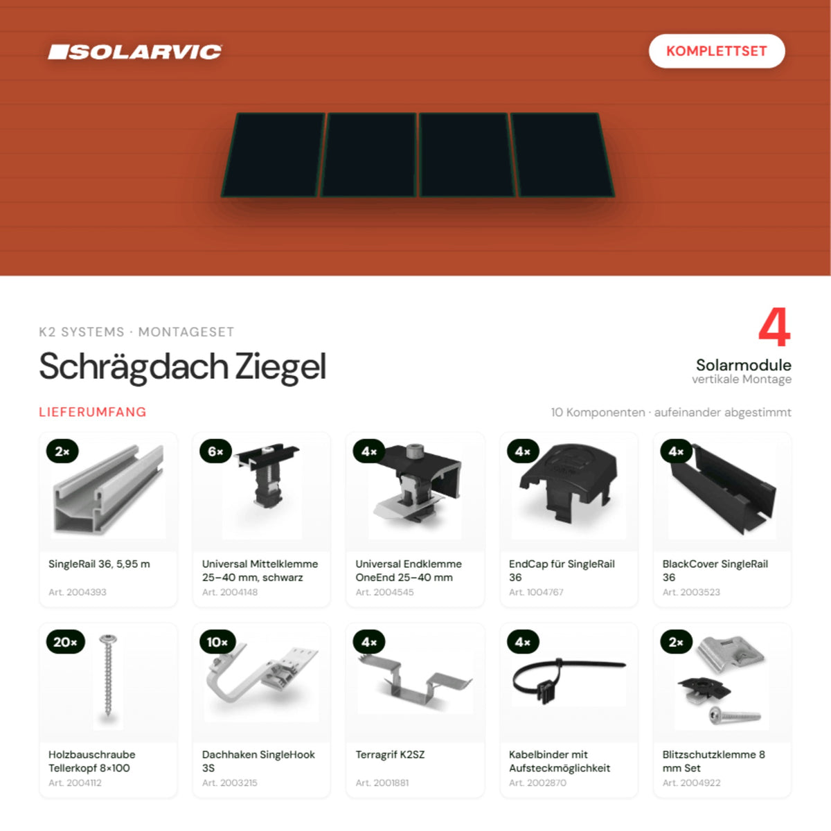 K2 SYSTEMS Montageset Schrägdach Ziegel – 4 Solarmodule: Lieferumfang Komplettset