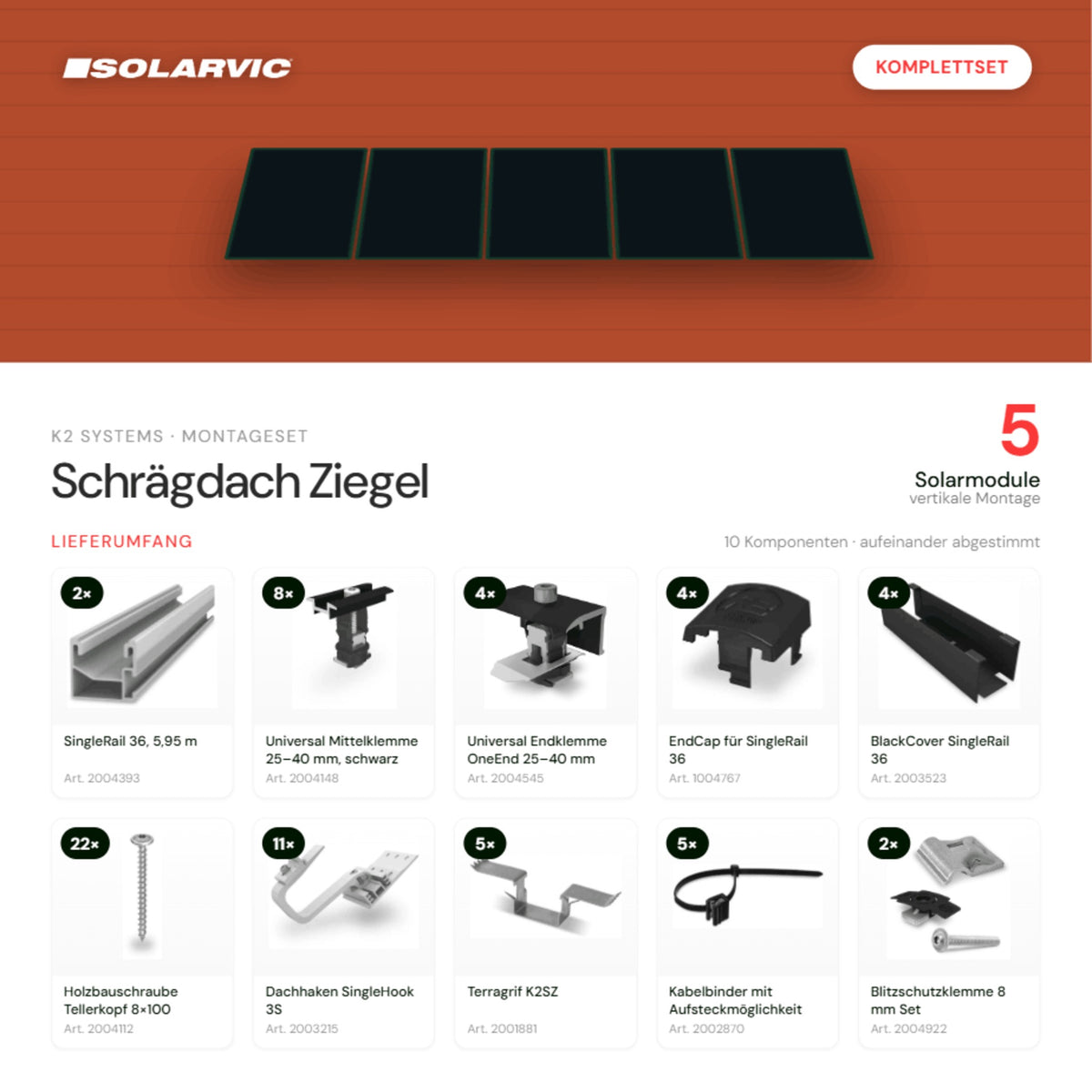 K2 SYSTEMS Montageset Schrägdach Ziegel – 5 Solarmodule: Lieferumfang Komplettset