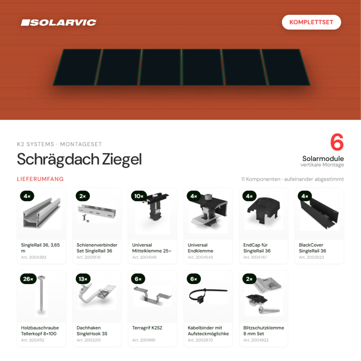 K2 SYSTEMS Montageset Schrägdach Ziegel – 6 Solarmodule: Lieferumfang Komplettset