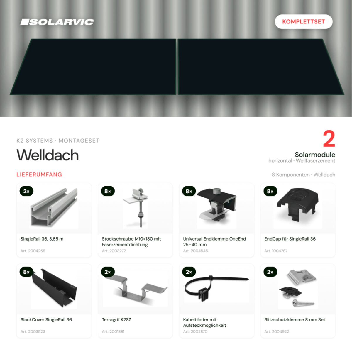 K2 SYSTEMS Montageset Welldach Horizontal – 2 Solarmodule: Lieferumfang Komplettset