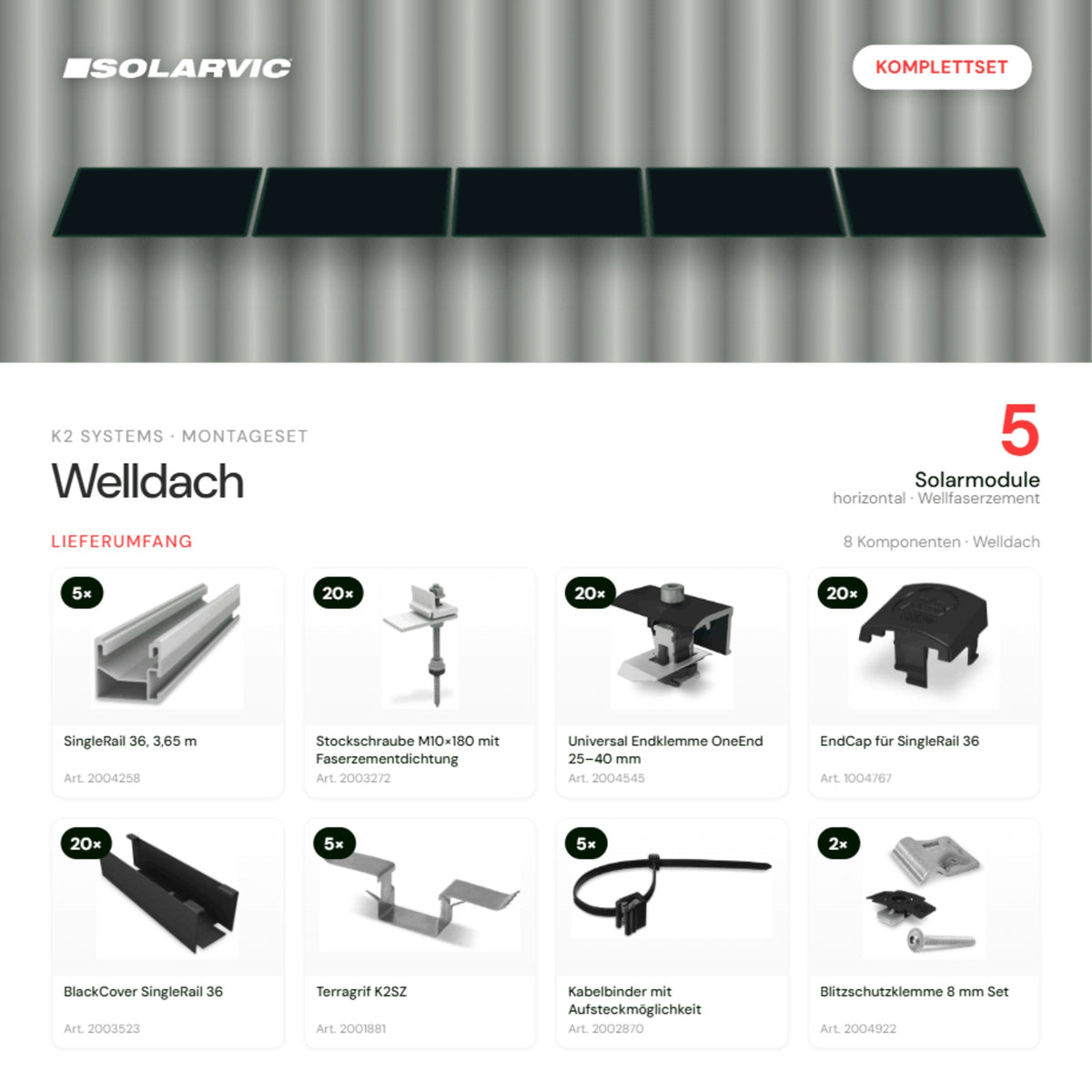 K2 SYSTEMS Montageset Welldach Horizontal – 5 Solarmodule: Lieferumfang Komplettset