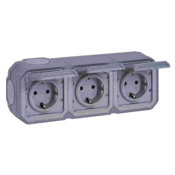LEGRAND FR AP 3-gang pre-wired socket horizontal, SL, EB, IP44, IK 08, Grey – 069743L