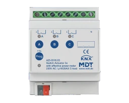 MDT Schaltaktor 3-fach, 4TE, REG, 16/20 A, 2 30 V AC, mit Wirkleistungszähler, 200 µF  – AZI-0316.03