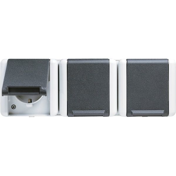 SCHUKO Triple Socket Outlet, 5 Cable Entries, 16A 250V ~, Hinged Cover, Horizontal – 8230W