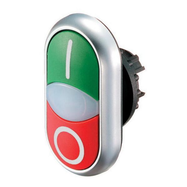 Double pushbutton, RMQ-Titan, buttons and indicator lights projecting, momentary, lens white, green, red, labeled, bezel titanium – 216700