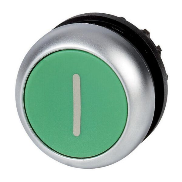 Pushbutton, RMQ-Titan, flat, momentary, green, inscribed, front ring titanium – 216607