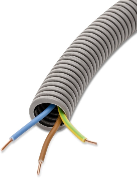 PVC armoured flexible conduit, Ø20mm, flexible, corrugated, pre-wired, YE 3x1.5mm² br,bl,ye/gn – 65037