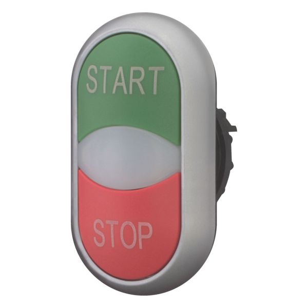 Double push-button, RMQ-Titan, Buttons and indicator lights projecting, momentary, Front lens white, green, red, labelled, Front ring titanium, START/ – 216702