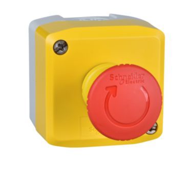 Aufbaugehäuse XALK, Kunststoff, hgr, gelb, 1 Not-Aus, Drehentriegelung, 2Ö+1S – XALK178G