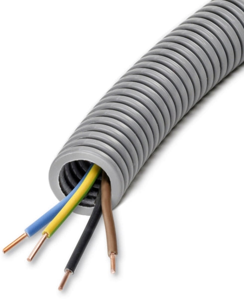 PVC Armored Flexible Conduit, Ø20mm, flexible, Turbo Grooves, pre-wired, YE 4x1.5mm² bk,gy,bn,gn/ye – 98982