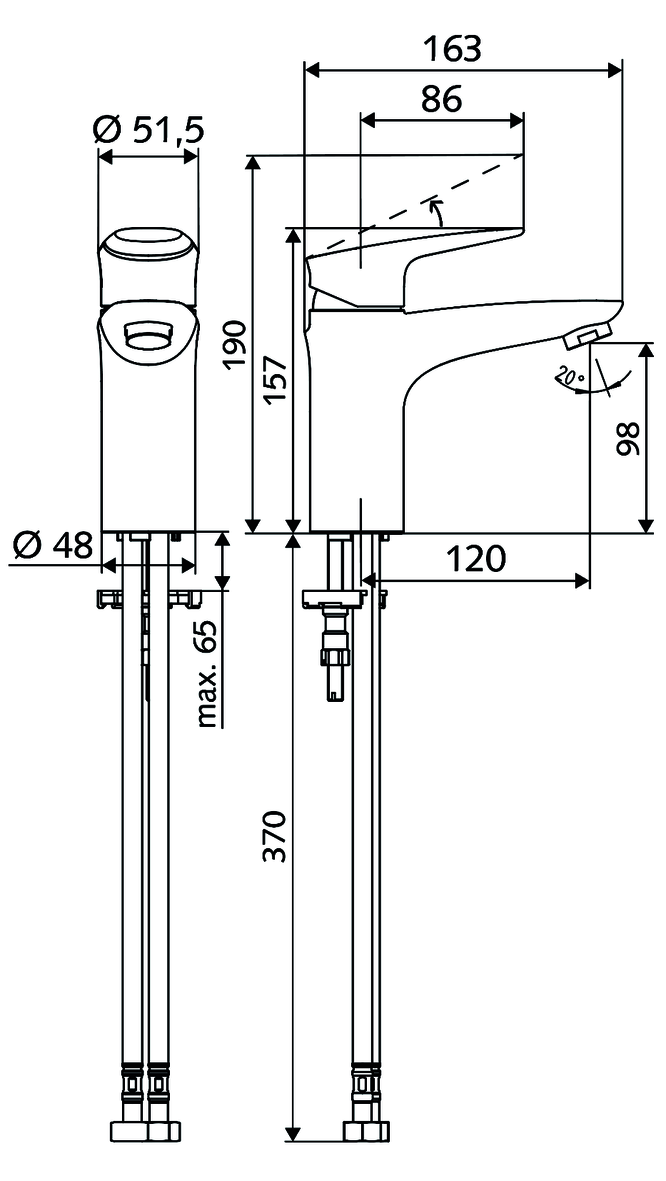 Alva Waschtisch-Armatur, HD-M - Hochdruck Mischwasser, ThermoProtect-Kartusche, Einhebel-Einlocharmatur, 2x G 3/8 IG, Designhebel, chrom - AQBFFOWT1