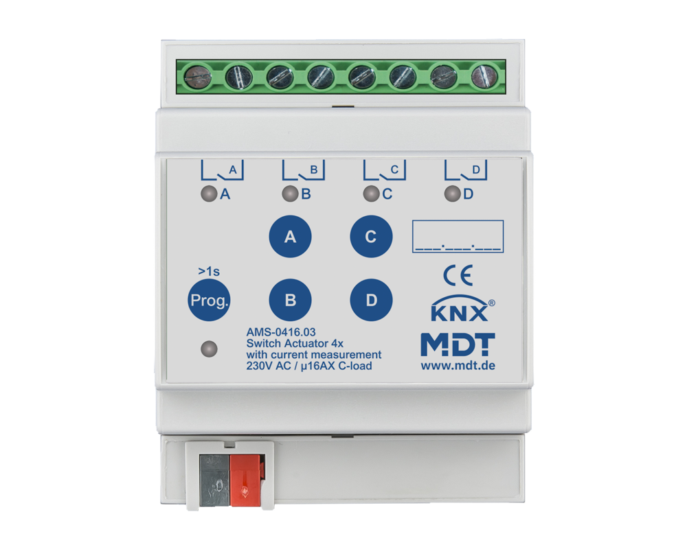 MDT Schaltaktor 4-fach, 4TE, REG, 16 A, 230 V AC, C-Last mit Strommessung, 140 µF  – AMS-0416.03
