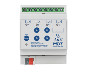 MDT Schaltaktor 4-fach, 4TE, REG, 16 A, 230 V AC, C-Last mit Strommessung, 140 µF  – AMS-0416.03
