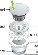 Alva Varia Ablaufvent. 5/4" Clicker mit Stopfen, Höhe bis 60mm, Chrom - AQARVAAVC8