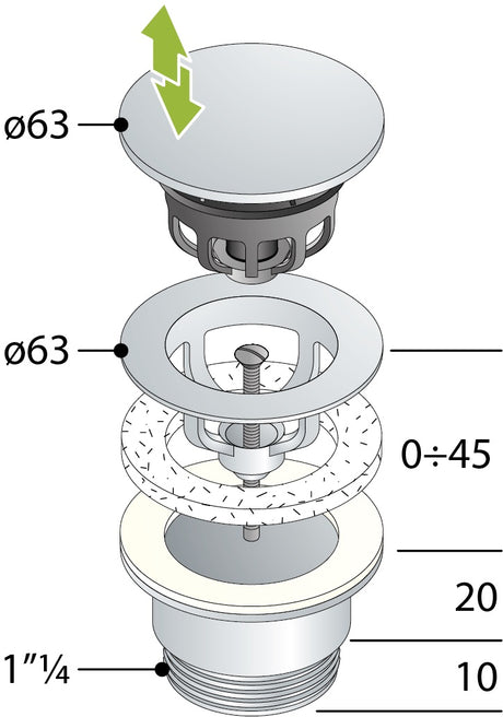 Alva Varia Ablaufvent. 5/4" Clicker mit Stopfen, Höhe bis 60mm, Chrom - AQARVAAVC8