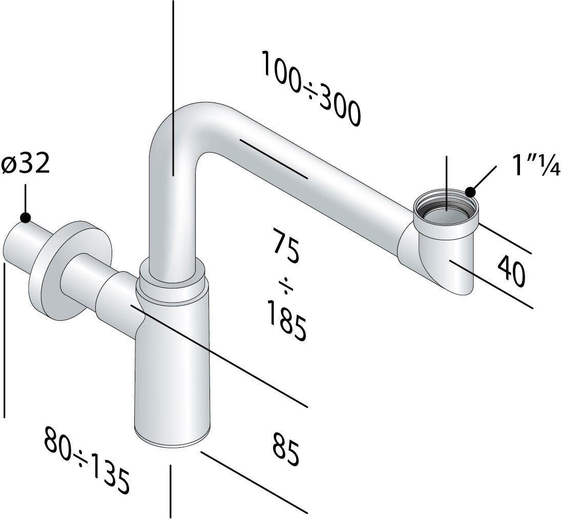 Alva Varia Raumspardesign-S. 5/4" ohne Ventil, Wandrohr 32x100mm, Chrom - AQARVADSR1