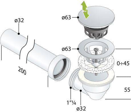 Alva Varia Set Ablaufvent. 5/4" Clic. f. AQARVARSS1,m.Anschluß-Bogen + Rohr,Chrom - AQARVARSS1S1