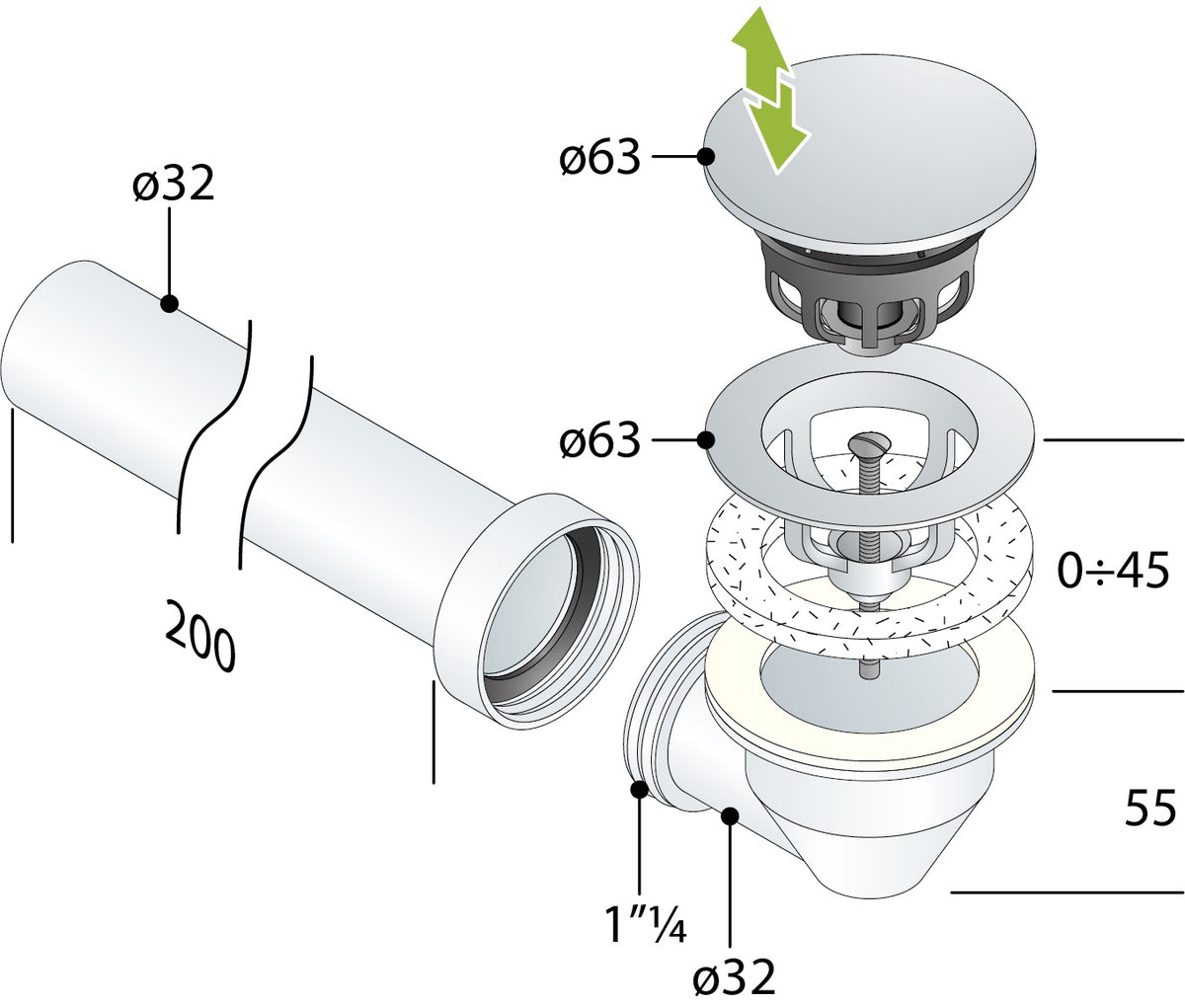 Alva Varia Set Ablaufvent. 5/4" Clic. f. AQARVARSS1,m.Anschluß-Bogen + Rohr,SchwM - AQARVARSS1S1S