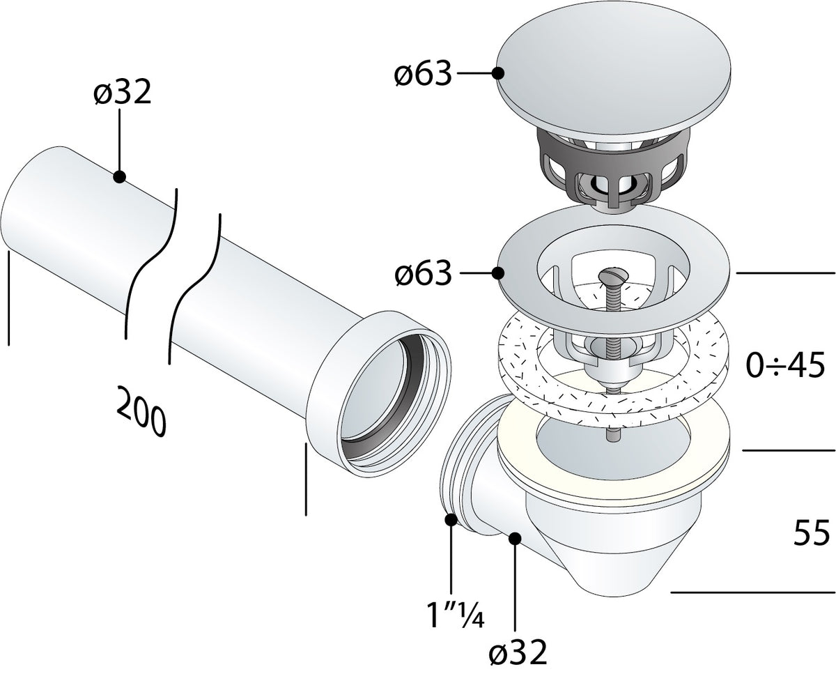 Alva Varia Set Ablaufventil 5/4" für AQARVARSS1,m.Anschluß-Bogen + Rohr,SchwM - AQARVARSS1S2S