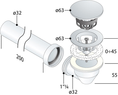 Alva Varia Set Ablaufventil 5/4" für AQARVARSS1,m.Anschluß-Bogen + Rohr,SchwM - AQARVARSS1S2S