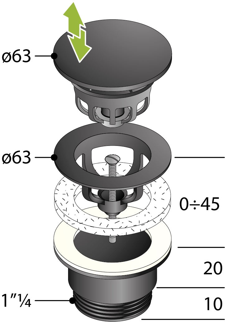 Alva Varia Ablaufvent. 5/4" Clicker mit Stopfen, Höhe bis 60mm, Schwarz Matt - AQARVAAVC8S