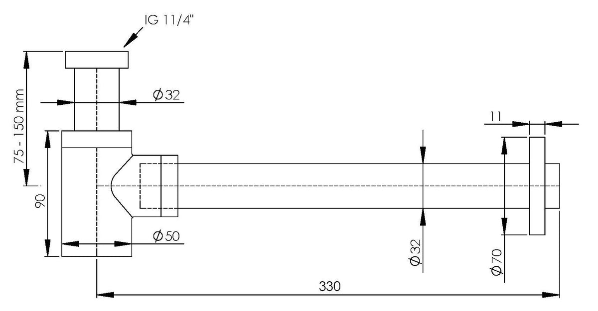 Alva Varia Design-Sifon 5/4" kurze BH ohne Ventil, Wandrohr 32x300mm, Chrom - AQARVADS8