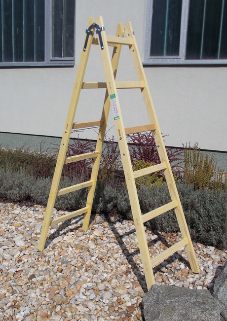 Alva Robuste Holz-Doppelleitern, 6- sprossig, Sperrkette, Tragkraft max. 150 kg, stabile Verarbeitung, ÖNORM EN 131-1,-2,-3, Höhe 196,5 cm - HDL6SP