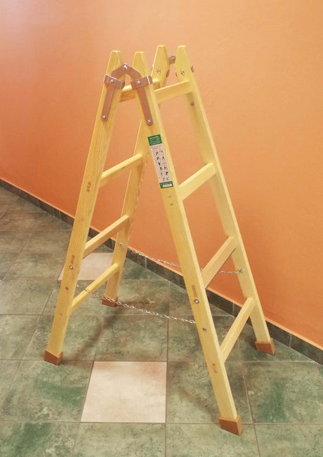 Alva Robuste Holz-Doppelleitern, 4- sprossig, Sperrkette, Tragkraft max. 150 kg, stabile Verarbeitung, ÖNORM EN 131-1,-2,-3, Höhe 136,5 cm - HDL4SP