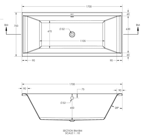 Alva Idea 1.0 Acryl Wanne Duo (P) 170x75cm, Weiß ohne Füße - AQBWIDDUOP170.1
