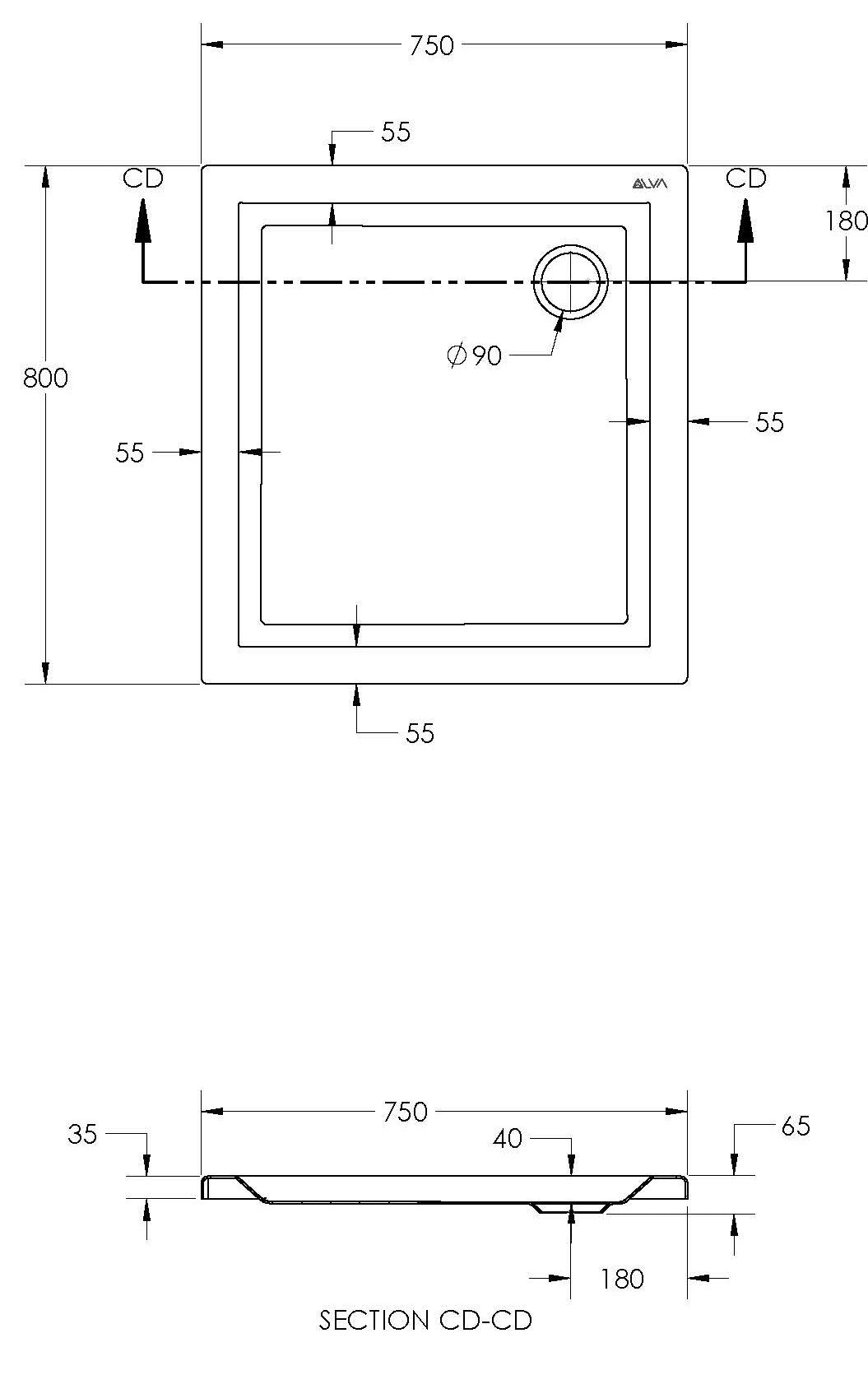 Alva Una 1.0 Acryl Brausetasse 80x75x6,5cm, Weiß ohne Füße - AQBT80.75F1