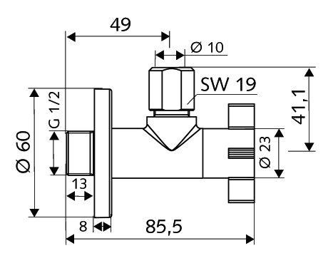 Alva Design-Eckventil mit Regulierfunktion 4WING, Schubrosette Ø 60 mm, DN 15 G 1/2 AG, Ø 10 mm (DN 10 G 3/8 AG) - AQARVADEV2