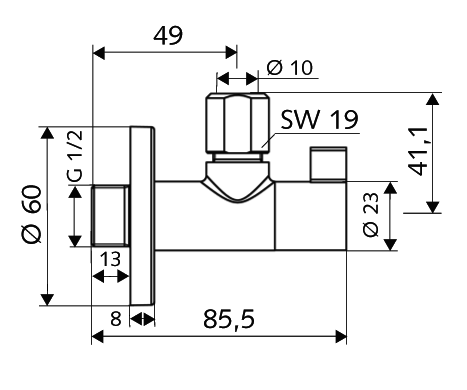 Alva Design-Eckventil mit Regulierfunktion WING, Schubrosette Ø 60 mm, DN 15 G 1/2 AG, Ø 10 mm (DN 10 G 3/8 AG), chrom - AQARVADEV1