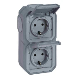 LEGRAND FR AP 2-gang pre-wired SSDO vertical plug-in terminals EB, IP44, IK08, Grey – 069744L